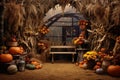 Autumn seasonal photo zone with a harvest of pumpkins, corn flowers and wooden decor