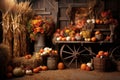 Autumn seasonal photo zone with a harvest of pumpkins, flowers and wooden decor