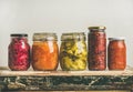 Autumn pickled colorful vegetables in jars placed in row Royalty Free Stock Photo