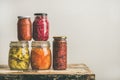 Autumn seasonal pickled or fermented vegetables in jars, copy space Royalty Free Stock Photo