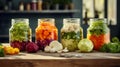 Autumn seasonal pickled or fermented vegetables in jars placed in row over vintage kitchen drawer, white wall background Royalty Free Stock Photo