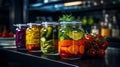 Autumn seasonal pickled or fermented vegetables in jars placed in row over vintage kitchen drawer, white wall background Royalty Free Stock Photo