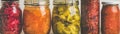 Autumn pickled colorful vegetables in jars placed in row Royalty Free Stock Photo