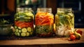 Autumn seasonal pickled or fermented vegetables in jars placed in row over vintage kitchen drawer, white wall background Royalty Free Stock Photo