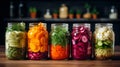 Autumn seasonal pickled or fermented vegetables in jars placed in row over vintage kitchen drawer, white wall background Royalty Free Stock Photo