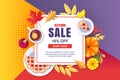 Autumn seasonal sale vector banner, poster template. White frame background with fall harvest, accessories and leaves Royalty Free Stock Photo