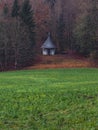 Autumn September landscape wooden cabin on forest edge scenic view with green grass meadow and brown falling leaves country side Royalty Free Stock Photo