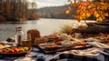 Autumn Serenade: Riverside Picnic Pleasures Royalty Free Stock Photo