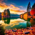 Autumn Serenity: Captivating Lake View with Beautifully Colored Nature and Golden Leaves