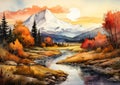 Autumn Serenity: A Monochromatic Mountain Stream Sunset in a Sun