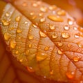 Autumn serenity raindrops gracefully adorning an orange leaf close up Royalty Free Stock Photo