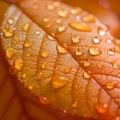 Autumn serenity raindrops gracefully adorning an orange leaf close up