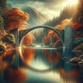 Autumn Serenity: Stone Arch Bridge over Quiet Lake, autumn season, landscape background