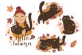 Autumn set of cats and girl illustrations and the inscription Hello Autumn. Vector graphics