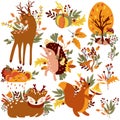 Autumn set, cute wodland animals and elements autumn, cute squirrel,a dancing hedgehog, funny cloud, colored trees