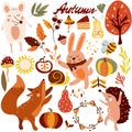 Autumn set, cute woodland animals and elements autumn, a mouse, cunning fox, a dancing hedgehog, colored trees, leaves Royalty Free Stock Photo