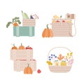 Autumn set, fall clip art, design elements vector illustration collection. Cozy baskets, boxes with vegetables, fruits Royalty Free Stock Photo