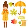 Autumn set with girl, hedgehog and leaves