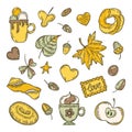 Autumn set. Hand drawn set of sketches: cups of coffee, apple, leaves, donut, cookies, acorns and rolls.