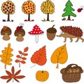 Autumn set with mushrooms, fruit, hedgehog, leaves, pumpkin and acorn