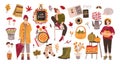 Autumn set - people holding gathered seasonal crops, fallen leaves, rubber boots, knitted socks, forest mushrooms