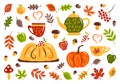 Autumn set: pumpkin pie, apples, mushrooms, pumpkin, berries, acorns, yellowing leaves, kettle and cups with hot drink