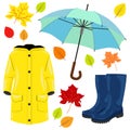 Autumn set: raincoat, boots, umbrella and colorful leaves. Vector illustration