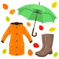 Autumn set: raincoat, boots, umbrella and colorful leaves. Vector illustration