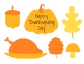 Autumn set of silhouette elements: leaves, pumpkin, turkey, acorn and inscription Happy Thanksgiving Day.