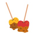 Vector hand drawn illustration of caramel apples, dipping and rolling taffy apples on-a-stick, seasonal autumn homemade food.