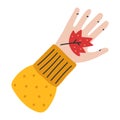 Vector hand drawn illustration of red autumn leaf laying on palm, seasonal autumn symbol. Doodle icons