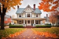 autumn setting of colonial home with dual chimneys and fallen leaves Royalty Free Stock Photo