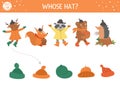 Autumn shadow matching activity for children. Fall season puzzle with cute animals. Simple whose hat educational game for kids. Royalty Free Stock Photo