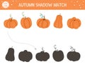 Autumn shadow matching activity for children. Fall season puzzle with cute pumpkins. Simple educational game for kids with
