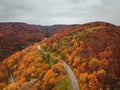 Autumn shot of curved road surrounded by beautiful colorful trees on hillside under cloudy sky Royalty Free Stock Photo