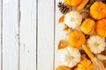 Autumn side border of pumpkins, leaves and natural and fall decor on a white wood background