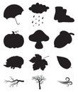 Autumn silhouette icon set. Black and white autumnal cartoon symbols collection isolated on white. Monochrome seasonal Royalty Free Stock Photo