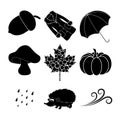 Autumn silhouette symbols collection. Autumnal cartoon icon set. Black and white design elements isolated on white. Monochrome Royalty Free Stock Photo