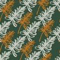 Autumn simple seamless pattern with outline branches. Green background with orange and grey elements Royalty Free Stock Photo