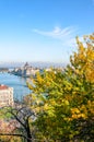 Autumn skyline of Budapest, Hungary with fall trees in the foreground. Hungarian Parliament Building, Orszaghaz, in the background Royalty Free Stock Photo