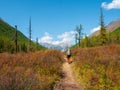 Autumn solo hike.  Lonely man walking in a mountain path. Autumn season. Active backpacker hiking in colorful nature.  Warm sunny Royalty Free Stock Photo