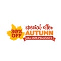 Autumn special offer badge. typography with autumn fall dry leaf vector illustration. Royalty Free Stock Photo