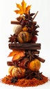 Autumn Spice Tower with Cinnamon Sticks Anise and Fall Leaves on White Backdrop Royalty Free Stock Photo
