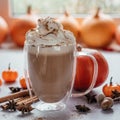 Autumn spiced hot drink with whipped cream and cinnamon