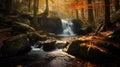 Autumn Splendor: Captivating Waterfall In A Realistic Fantasy Landscape Royalty Free Stock Photo