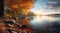 Autumn Shoreline Splendor: Hyperrealistic Photography With Canon Eos-1d X Mark Iii