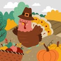 Autumn square landscape scene with cute turkey, fields, harvest, nature. Comic Thanksgiving card with funny bird, pumpkins, apples