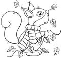 Autumn squirrel with fall leaves in black line doodle style Royalty Free Stock Photo