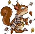 Autumn squirrel with fall leaves in doodle style