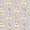 Autumn squirrels seamless pattern drawn in wax crayons on gray background.Fall holiday print for Thanksgiving